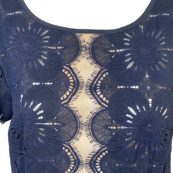 Trina Turk Navy Floral Lace Semi Sheer Short Sleeve Shift Dress Sz 8 - Picture 3 of 10